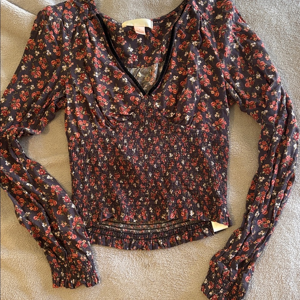 Band of Gypsies Red Floral Smocked Blouse